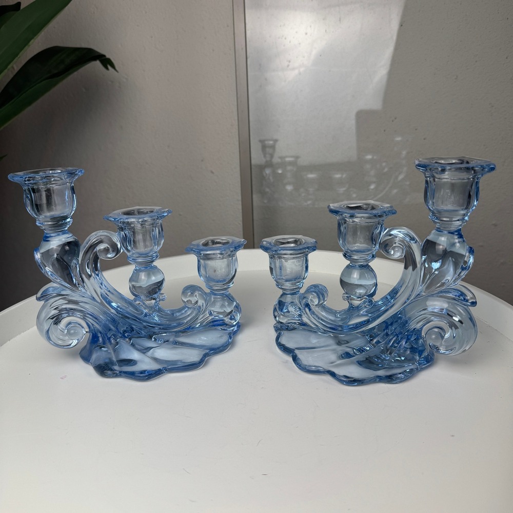 Cambridge Caprice Moonlight Blue Glass Tiered Three Light Candlestick Pair MINT